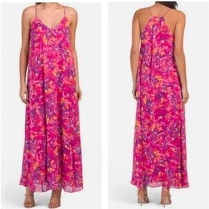 Nicole Miller Muted Floral Charmeuse Slip Maxi Dress XL V-Neck Flowly Resortwear